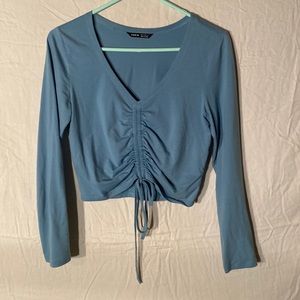 SHEIN Teal Ruched V-Neck Crop Top